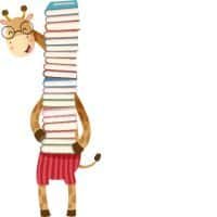 Giraff håller i en bokhög