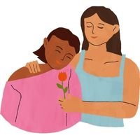 En kvinna håller om en annan kvinna och ger henne en ros